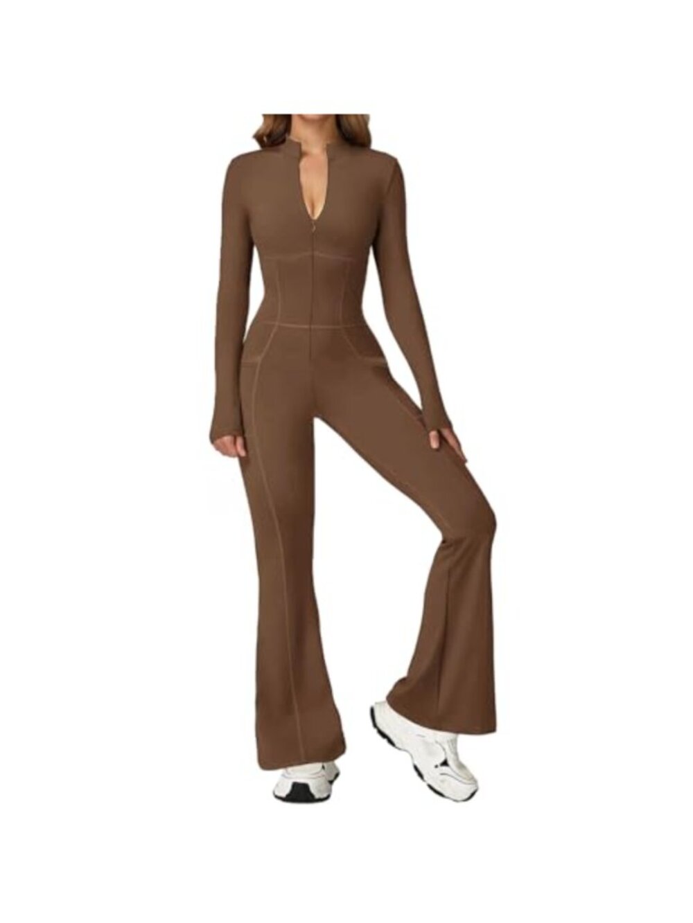 Ecupper Womens One Piece Workout Jumpsuit Flared Zip Romper with Pockets
